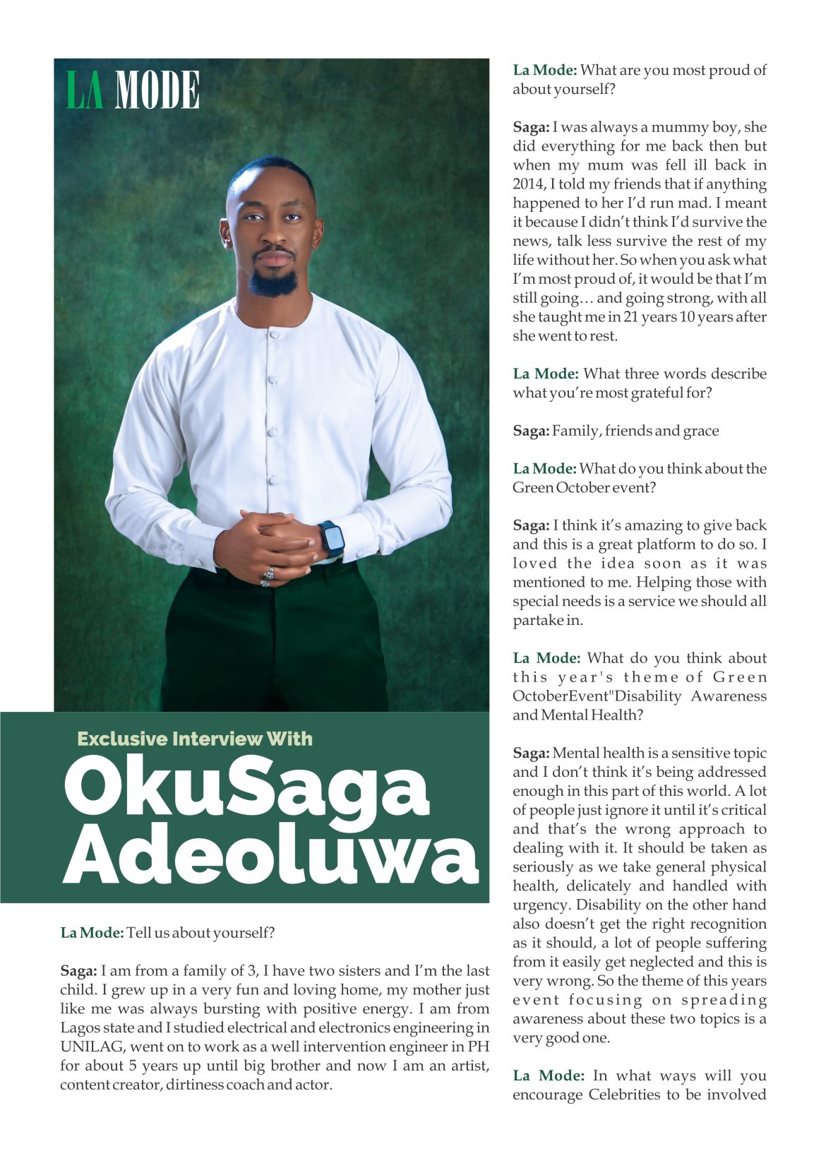 Exclusive Interview With OkuSaga Adeoluwa Cover Personality La Mode Magazine September Edition!