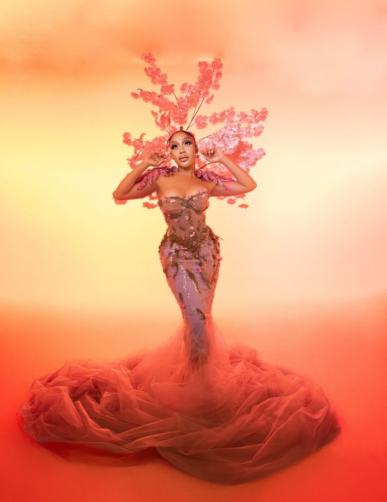 Thando Thabethe’s jaw-dropping moss-and-blossom gown at Durban July 2025