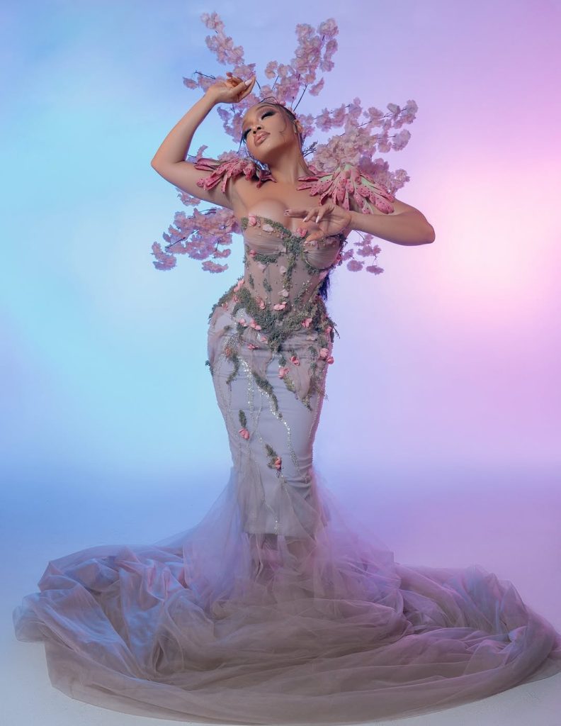 Thando Thabethe’s jaw-dropping moss-and-blossom gown at Durban July 2025