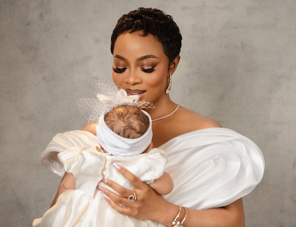 Toke Makinwa & Daughter Yakira Twin in White for Dedication Toke